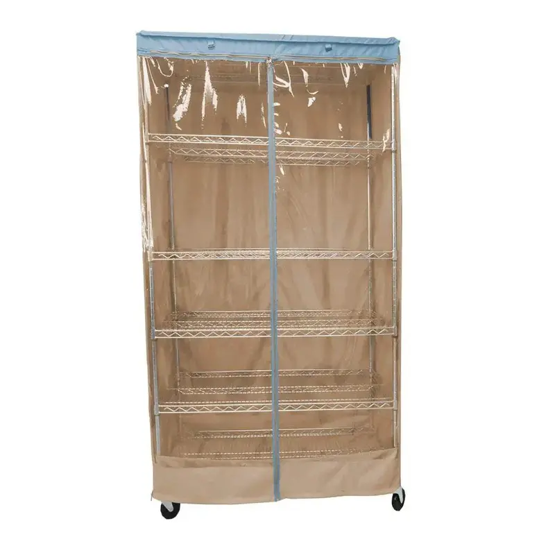 Beige-Khaki & Blue-Trimmed Shelving Cover With Single Transparent Panel – 48"W × 18"D × 72"H 1