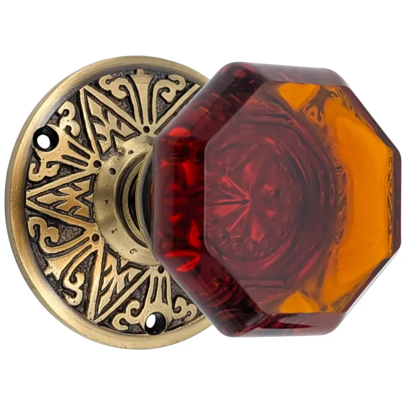 Eastlake Rosette Door Hardware Set With Amber Glass Knobs 2