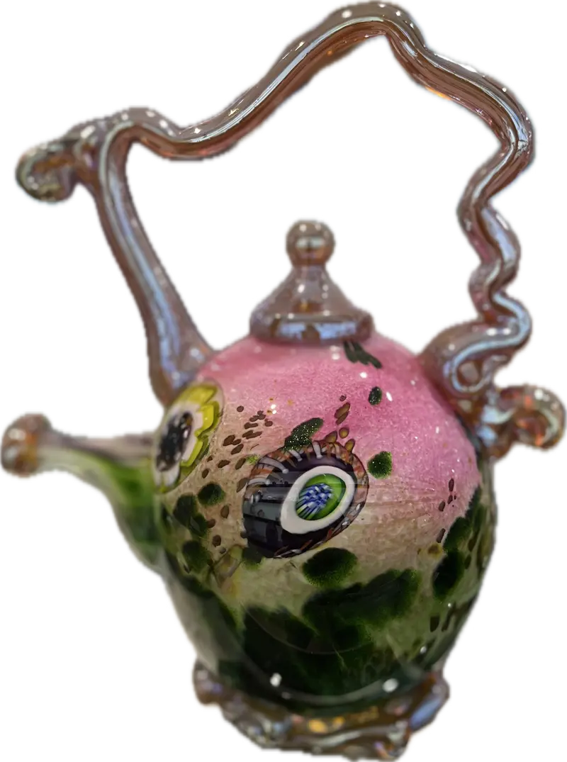 Handcrafted Teapot Sculpture Featuring Pink And Emerald Green 1
